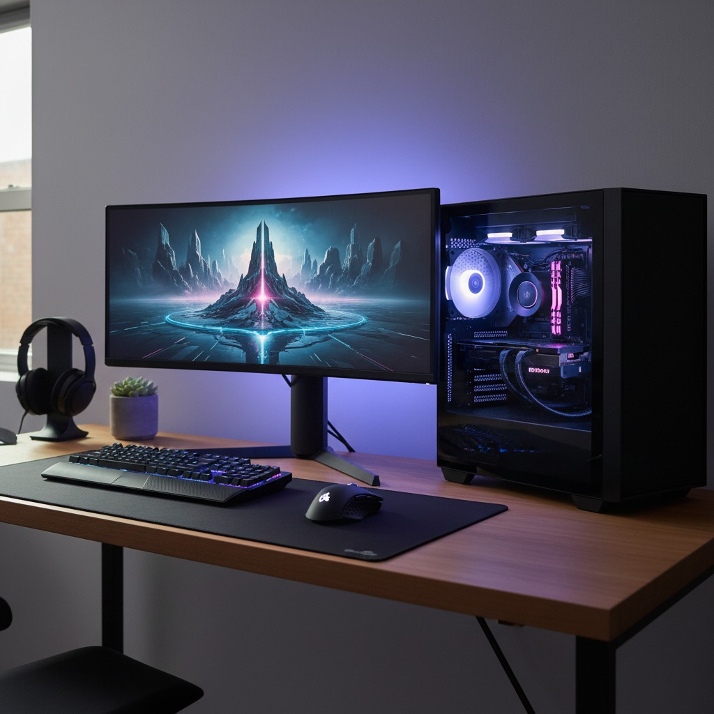 Setup de computador gamer com monitor ultrawide, gabinete com iluminação azul e periféricos pretos sobre uma mesa de madeira.